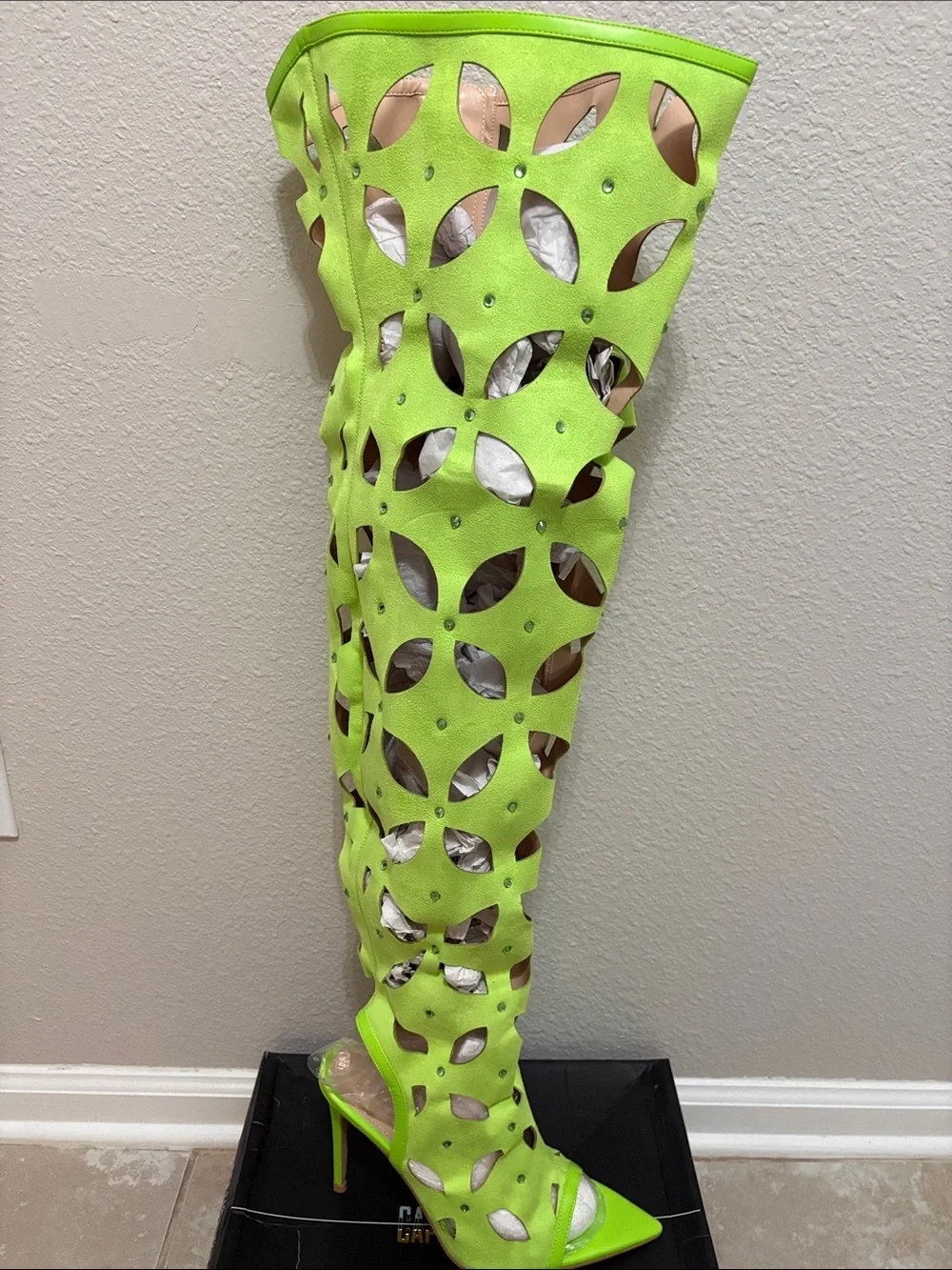 Neon Green Cutout Over-the-Knee Stiletto Boots